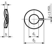 DIN128A Curved Spring Lock Washer - product drawing - d1=ID, d2=OD, h= depth, s=thickness