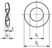 DIN137B Curved Spring washer - product drawing - d1=ID,d2=OD, s=thickness, h=curve dept