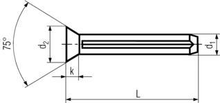 DIN1477 Countersunk Head grooved pins - Product Drawing - L=OAL d1=body diameter, d2=head diameter, k=head height
