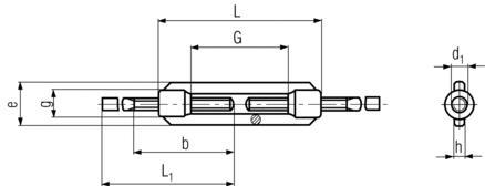 DIN1480 Turnbuckle - Product Drawing - L=body length,L1=hook/stud end length, d1=stud diameter, e=body diameter
