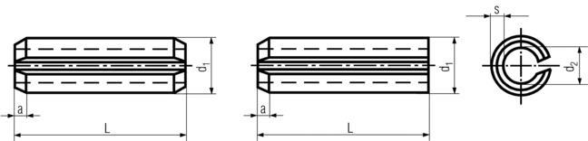 DIN1481 Heavy Duty Spring Pin (Rolled) - Product Drawing - L=OAL, d1=ID, d2=OD,s=thickness