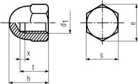 DIN1587 Hex Acorn Nut (Dome Nut) - Product Drawing - h=height,d1=ID,s=waf,e=wac
