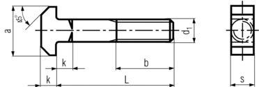 DIN186 T-head bolts with square neck - product drawing - L=shank length, b=thread length, a=T length, s=T thickness