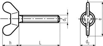 DIN316 Wing Screws-product drawing-L=length,d1=shank dia.,h=wing height,e=wing breadth,d2=head dia.