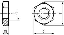 DIN431 Pipe nuts-product drawing-d1=ID,s=waf,e=wac,m=thickness