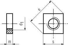 DIN562 Square Thin Nut - product drawing - d1=ID, m=thickness, s=width A/F, e= width A/C