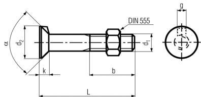 DIN604 Flat countersunk nib Bolt - product drawing -L=length(incl. head), b=thread length, d1=thread dia.,d2=head dia.,