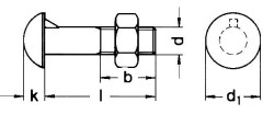DIN607 Cup Head Nib Bolt - product drawing - d=thread dia., b=thread length, l=shank length, k=head height, d1=head dia.