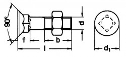 DIN608 Flat countersunk square neck bolt - product drawing - l=OAL, b=thread length, f=height(head+neck), d=dia.,d1=head dia.,