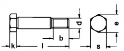 DIN609 Hex Fit Bolt - product drawing - L=length, k=height, b=thread length, d=dia., s= width A/F, e=width A/C