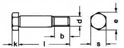 DIN610 Hex Fit Bolt - Product drawing - L=length,k=head height,b=thread length, d= dia.,s= Width A/F, e=Width A/C