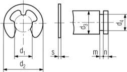DIN6799 Circlips for Shafts - Product Drawing - d1=ID,d2=OD, s=thickness