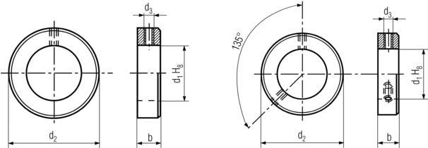 DIN705 Shaft collars set screw - product drawing - d1=ID, d2=OD, b=thickness,