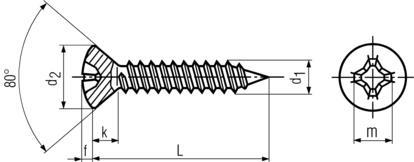 DIN7983 Oval Head Philips Pan Head Tapping Screw - Product Drawing - L=length, d1=diameter, d2=head diatmeter