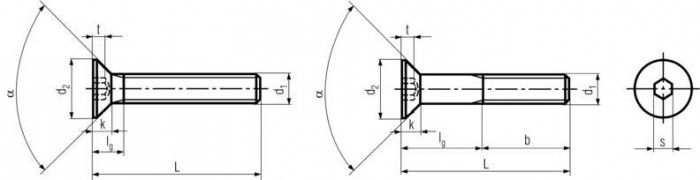 DIN7991 Socket Flat Head Screw - Product Drawing - L=length (from head to end), d1=diameter