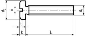 Slotted Pan Head Machine Screw - product drawing - L=shank length, d1=shank dia., k=head height, t= slot depth, n= slot width, d2=head dia.