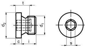 DIN908 Hexagon Socket Screw Plug - product drawing - i=length(end to head bottom), d1=body dia.,d2=head dia.,c=head height, t=socket depth, s=socket dia.,