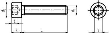 DIN912 Socket Cap Screw - Product drawing - L=shank length, d1=shank dia.,k=head height, d2=head dia,s=socket dia.,t=socket depth