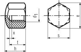 DIN917 Hexagon cup nuts - Product drawing - d1=ID, h=overall height,s=WAF,e=WAC