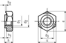 DIN929 Hex weld nut - product drawing - d1=ID.,d2=OD,s=WAF, e=WAC, h=overall thickness,h1=hex height