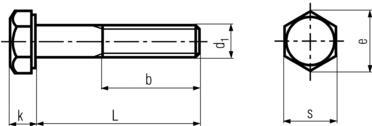 DIN931 Hex Head Bolt Part Thread - product drawing - L=shank length, b=thread length, d1=dia.,k=head height,s=waf,e=wac
