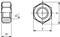 DIN934 Hex Nut - Product drawing - m=height,d1=dia.,s=waf,e=wac