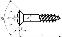 DIN96 Slotted round head wood screws - product drawing - l=length,d1=dia., d2=head dia.,k= head heigth,