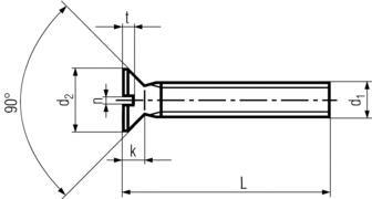 DIN963 Slotted Flat Head Machine Screw - product drawing - L=OAL,d1=dia.,d2=head dia.,t=slot depth, n=slot width, k=head height