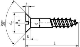 DIN97 Slotted countersunk flat head wood screw - product drawing - L= OAL, d1=dia., k= head height, d2= head dia., n= slot width, t= slot depth