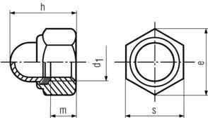 DIN986 Self Locking Domed Cap Nuts With Nylon Insert - product drawing - d1=ID, h=overall height, m=thread depth, s=waf,e=wac
