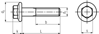 DIN6921 Hex Flange Bolt - product drawing - L=Shank length, d1=dia., b=thread length, d2= flange dia., k=head height