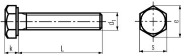 DIN933 Hex Cap Screw Full Thread HDG - Product Drawing - D1= Dia, L=Shank Length, k= head Height