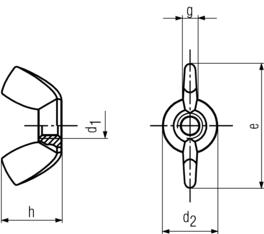 Wing Nut American Style - product drawing - d1=dia., d2=OD, e=width (wing tip to tip),g=wing thickness, h=nut height