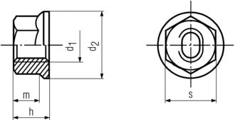 DIN6927 All Metal Hex Flange Nut - product drawing - d1=ID, d2=OD, h=overall height