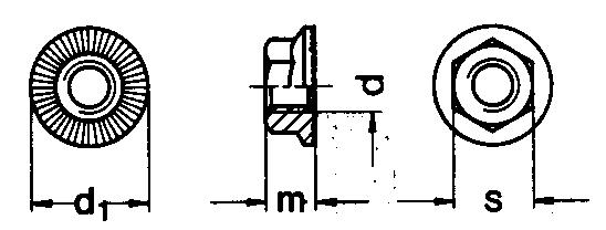 DIN193 Hex Flange Nut With Ribbed Flange -product drawing-d=dia.,d1=flange dia.,m=thickness, s=waf