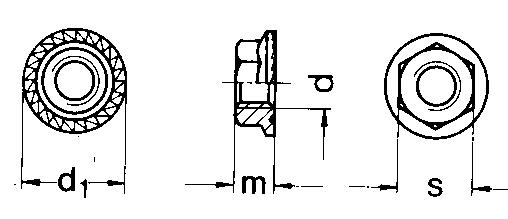 DIN196 Hex Flange Lock Nut With Knurled washer-product drawing-d1=flange dia.,m=thickness, s=waf,d=dia.